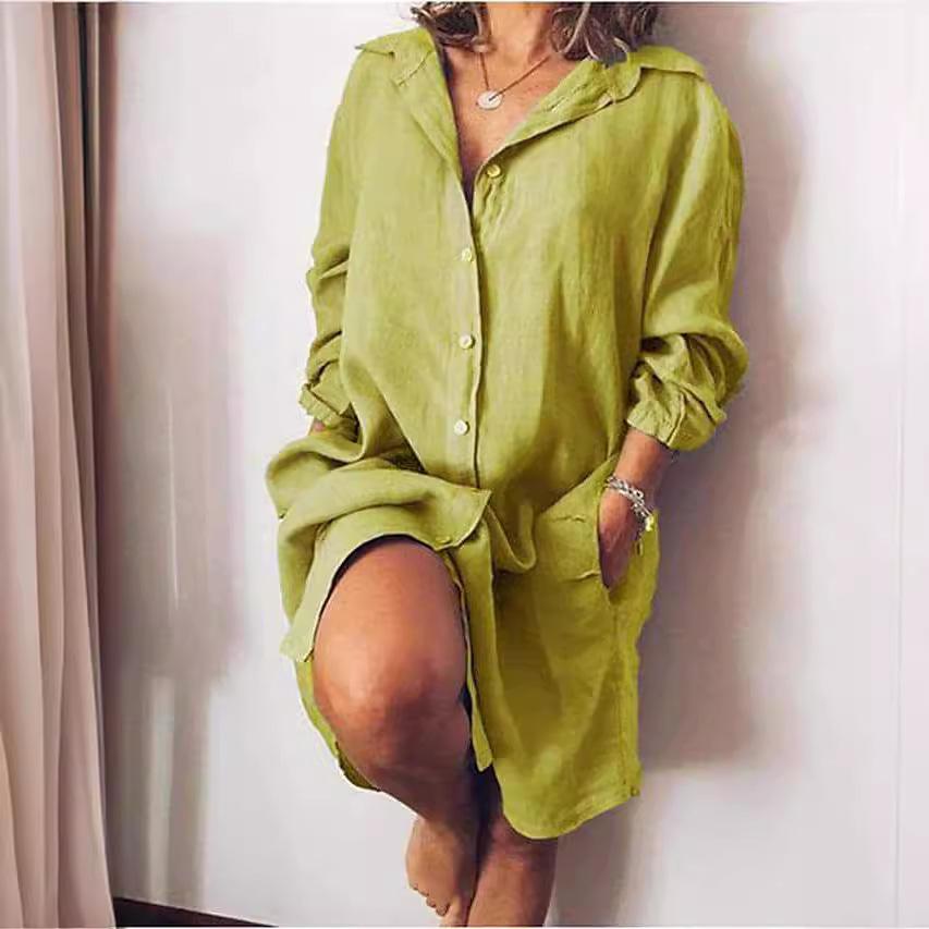 Женская хлопковая однотонная рубашка-кардиган средней длины с длинным рукавом Женские блузки Тренд 2025 Повседневный топ с длинным рукавом