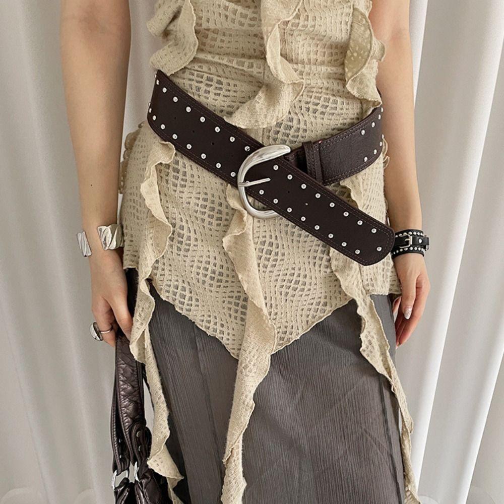 Винтажный широкий кожаный пояс на талию Y2k в панк-стиле Модный женский ремень с заклепками Для дерзких девушек