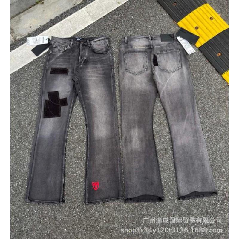 Men Women High Street Distressed Denim Jeans With Embroidery Patch Straight Fit Water Washed Slim Flare Trousers