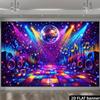 2D flat disco music background  mirrored ball and rainbow dance floor elements  balanced note decoration