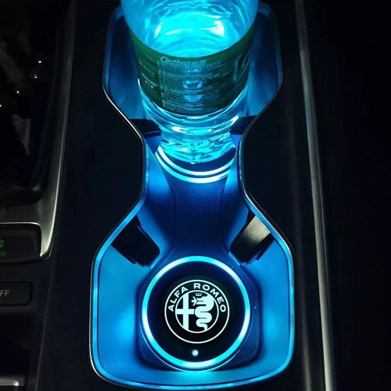 RXDMV1 Car Stickers For Alfa Romeo 2pcs/set Car Luminous Coasters Water Cup Mat Holder Auto Styling For Alfa Romeo Giulietta Giulia F1