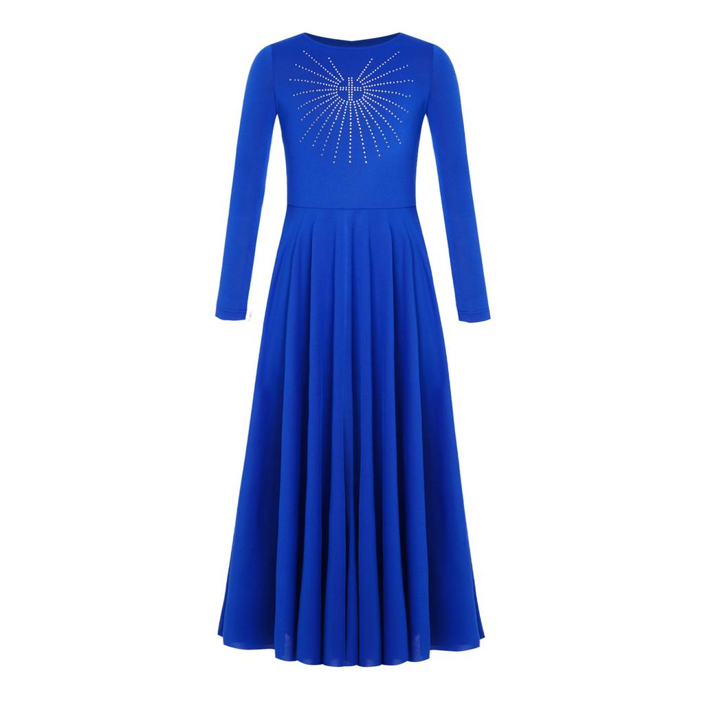 Girls Worship Dance Costume Long Sleeve Round Neck A Line Maxi Dress Glittery Rhinestone Choir Outfit