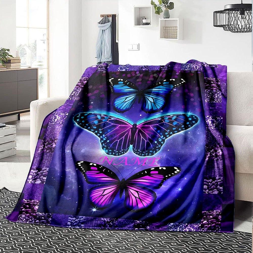 Vibrant Butterfly Galaxy Design Home Customize Your Name Blankets Soft And Cozy With Lightweight Feel Perfect For Bed Sofa Office Picnic Living Room