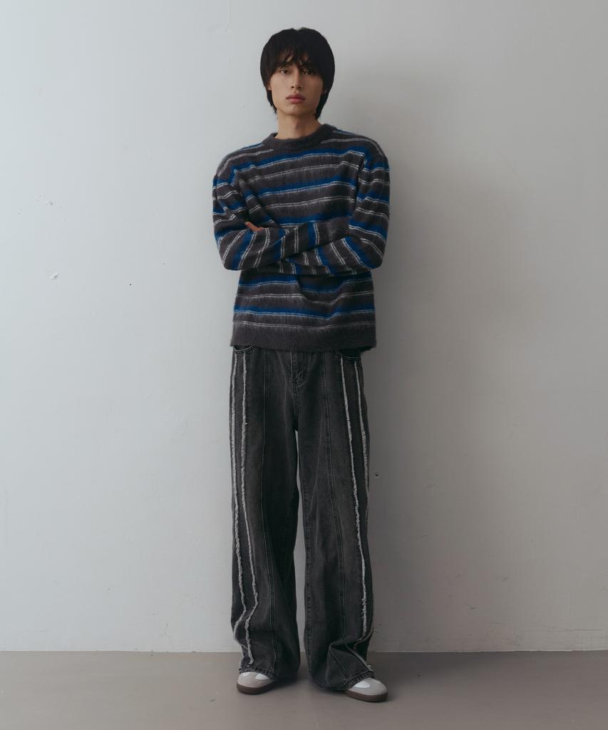 NODU Crop Multi-Stripe Brush Knit [Gray]