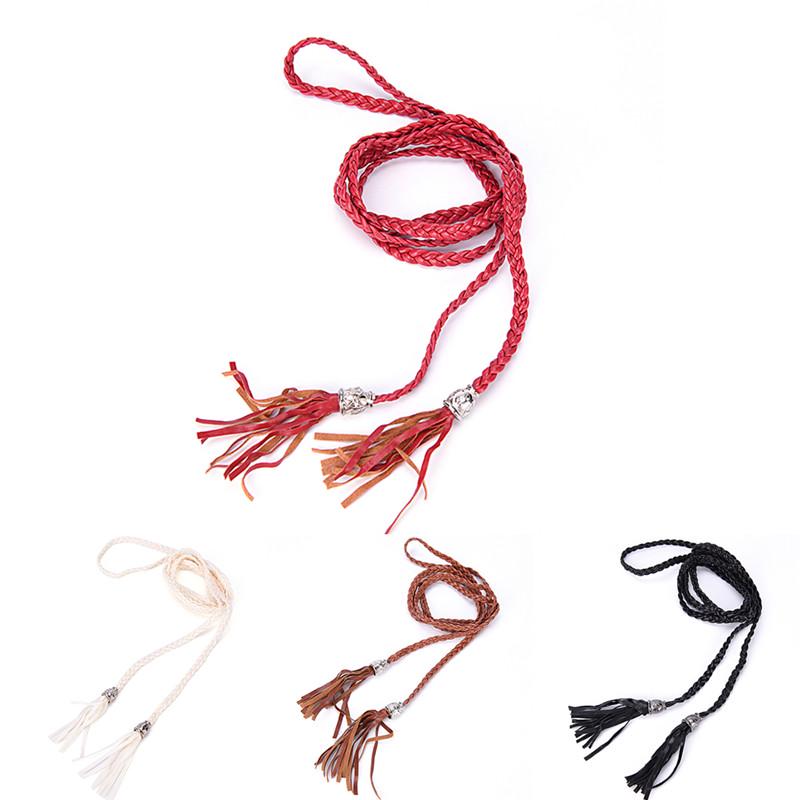 Boho Women Simple Pu Leather Tassel Braided Self-Tie Belt Thin Waist Rope Belt