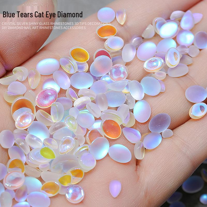 Синие каплевидные матовые драгоценности для нейл-арта «кошачий глаз» - Овальные драгоценные камни с плоской задней стороной для DIY украшения ногтей.