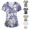 Women's Floral Printing Short Sleeve V-neck Tops Working Uniform Pocket Blouse