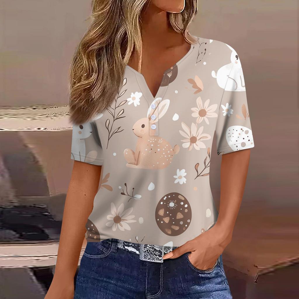 Women's T Shirt Print Button Short Sleeve Daily Weekend Fashion Basic V- Neck Regular Top