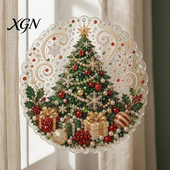 Novice Friendly Crafting Kit Christmas Faux Pearl Painting Suncatcher Kit, Cute Santa Snowman Tree 3D Beaded DIY Art Set Ornament, Handmade