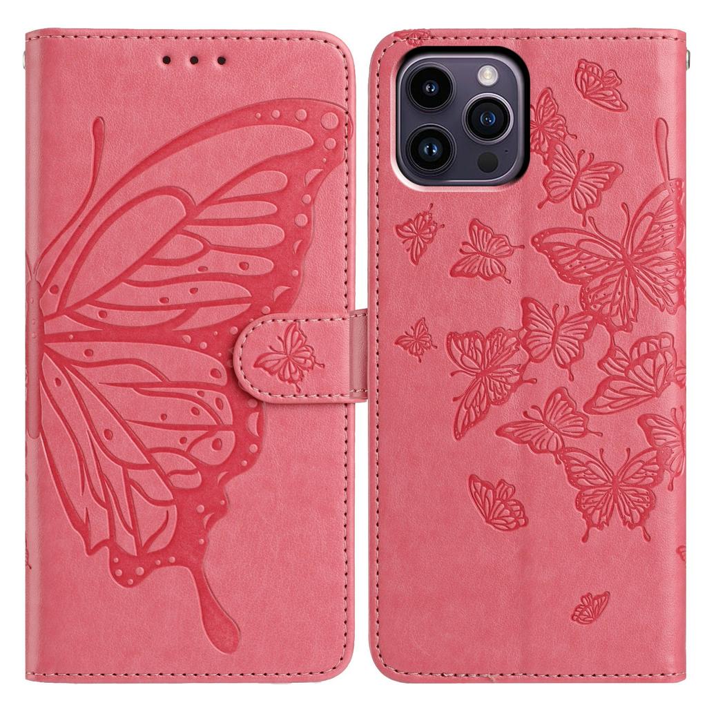 For iPhone 14 Pro Case Butterfly Imprinted Wallet Stand PU Leather Flip Phone Cover with Strap