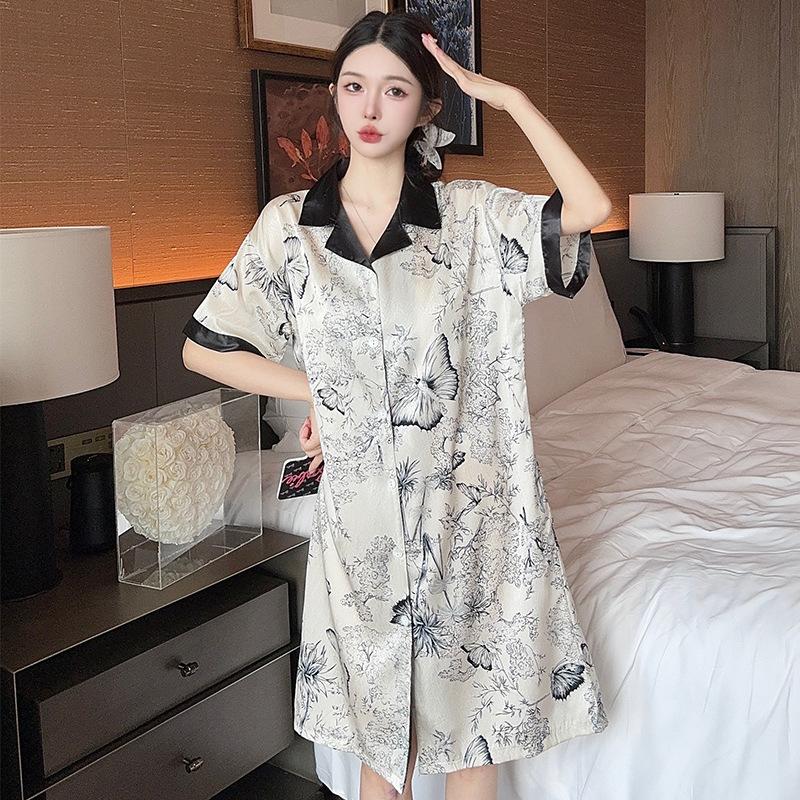 Women's National Style Ink, Butterfly Flower Print, Summer Ice Silk Shirt, Nightdress, Loungewear Can Be Worn Outside