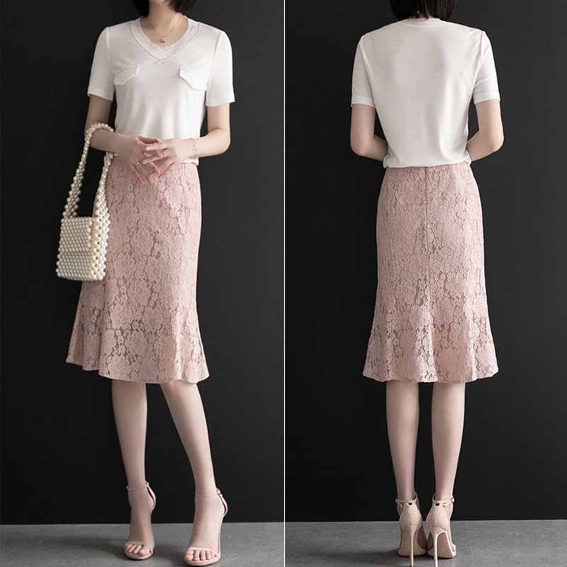 Весна/лето Платье средней длины Кружевное платье «рыбий хвост» Юбка средней длины с высокой талией и запахом Три варианта цвета