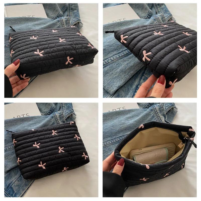Large Capacity Cute Makeup Bag with Zipper - Embroidery Bow Cosmetic Wash Storage Bag for Women