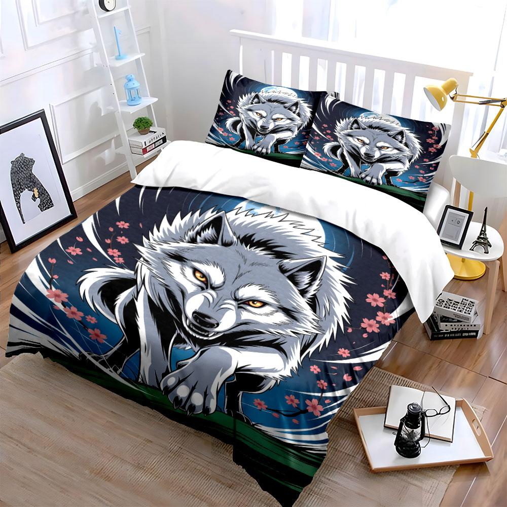 Wolf, cherry blossoms, moon. Bedding sets Duvet cover sets Duvet covers Pillowcases(1* Duvet Cover 2* Pillowcases without duvet insert)