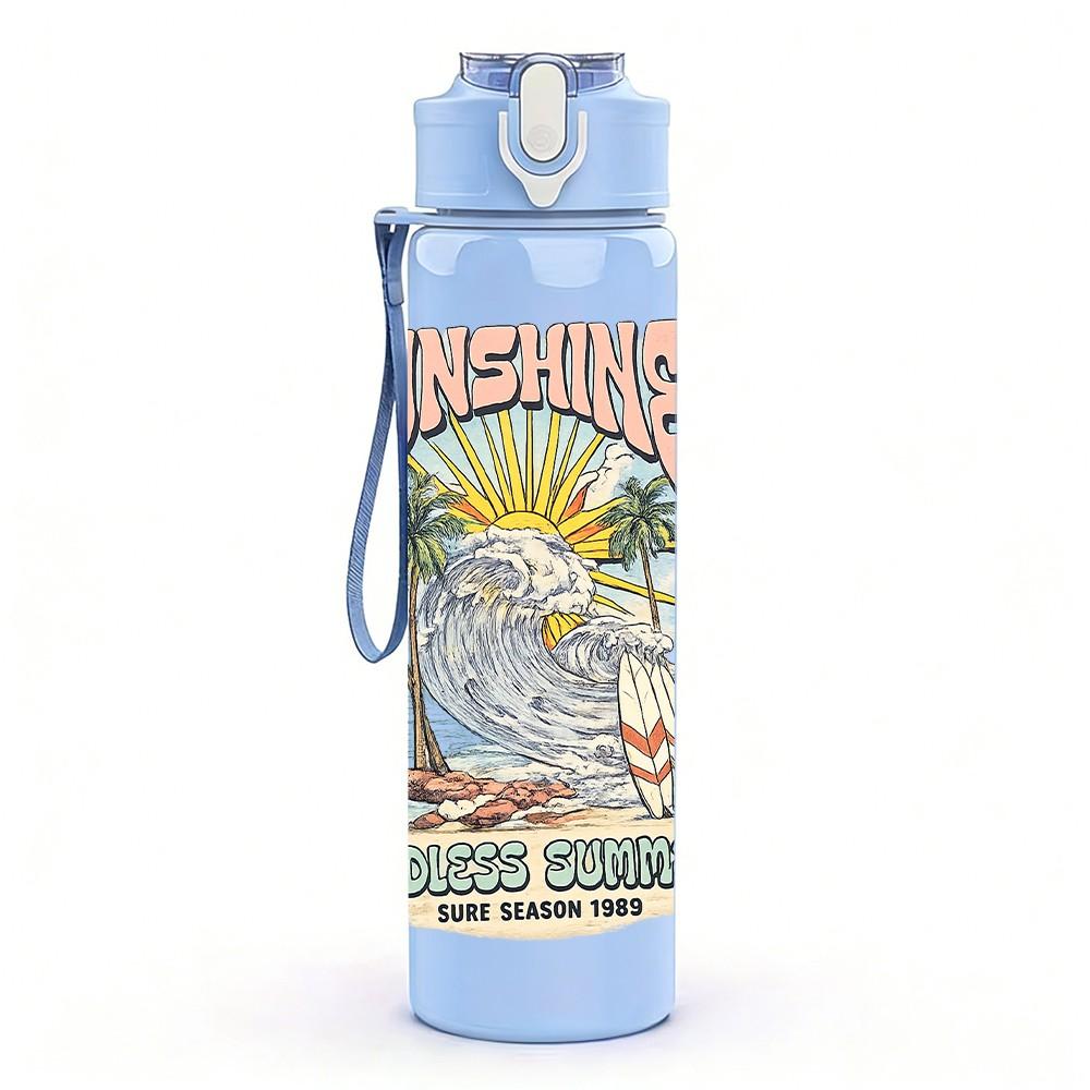 1PC Beach Wave Retro Poster Print 750ml Color Plastic Sports Water Bottle Leakproof Flip Straw Lid Suitable for Sports Office Home Use