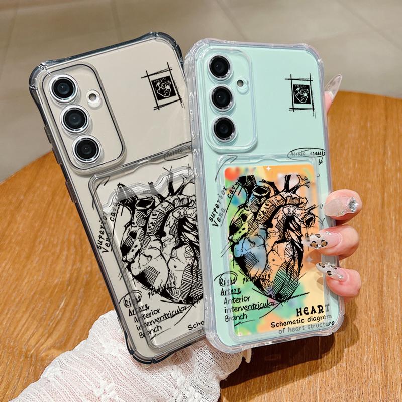 Прозрачный силиконовый чехол с сердечком и слотом для карт для Samsung S25 Ultra S24 FE S23 A56 A16 A36 A55 A15 A35, противоударный мягкий тонкий чехол для телефона