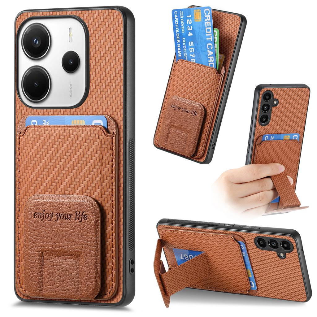 For Xiaomi Redmi Note 14 5G Case Card Holder Carbon Fiber Texture Leather Coated TPU Phone Cover