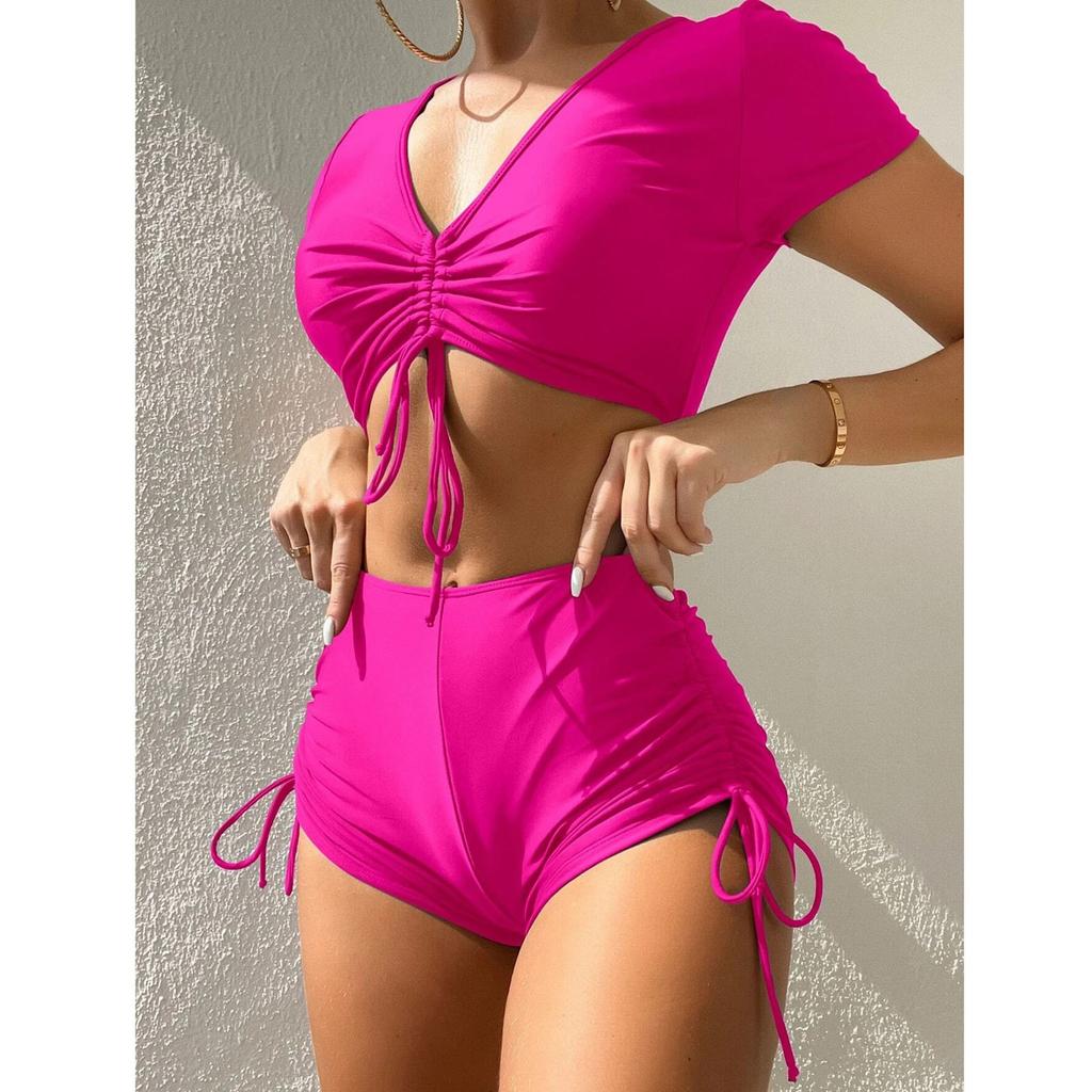 Women's Sexy Split High Waisted Short Sleeved Swimsuit Two-Piece Swimsuit Set