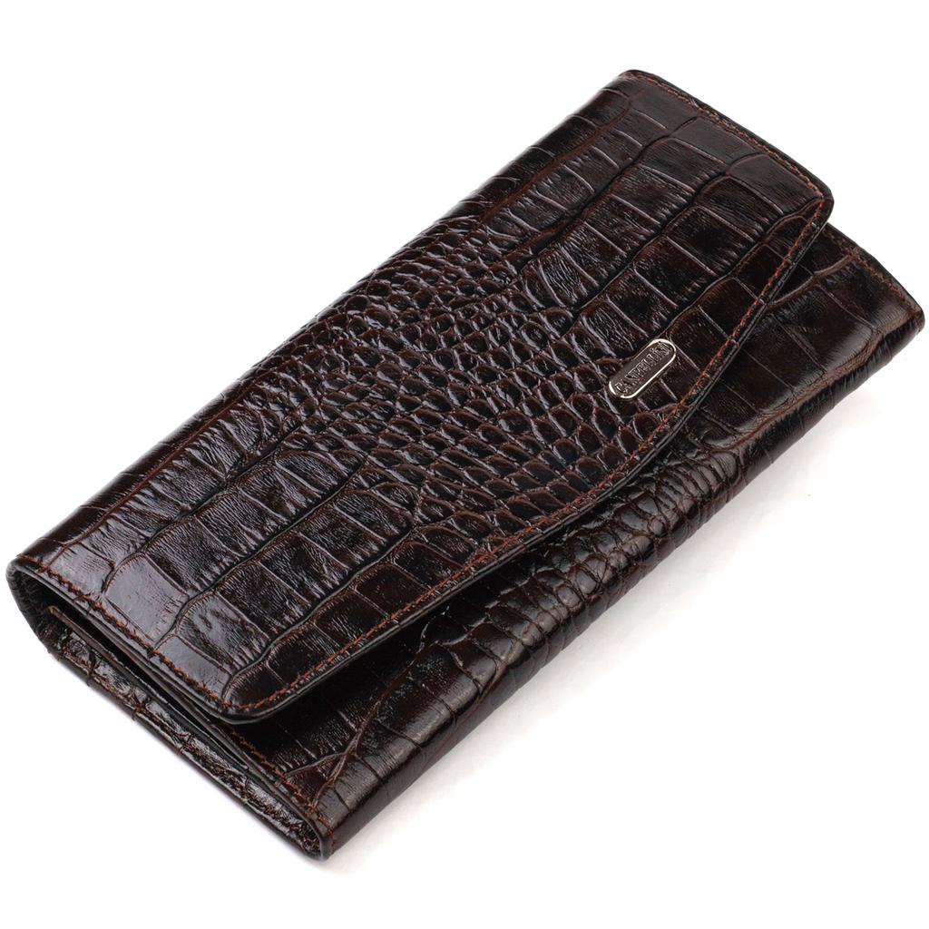 Fashionable Wallet for Women Made of Genuine Textured Leather with Crocodile Embossing CANPELLINI 21726 Brown