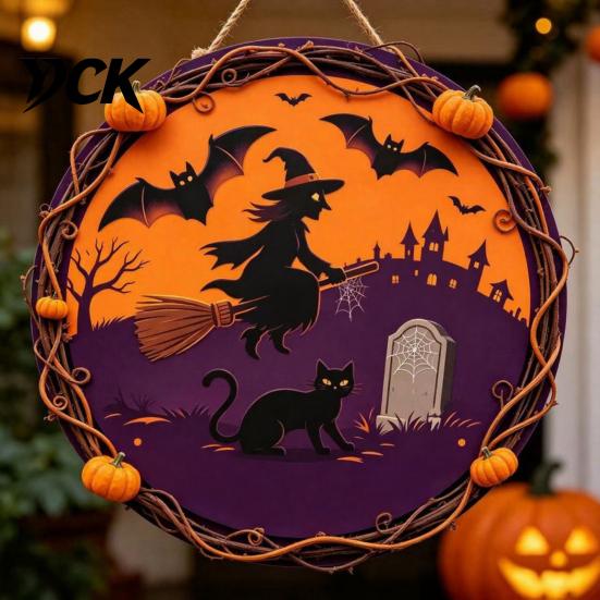 Indoor Wall Hanging Vintage Wooden Halloween Welcome Door Hanger, Pumpkin Ghost Skull Witch Front Porch Decoration Sign, Farmhouse Decor for