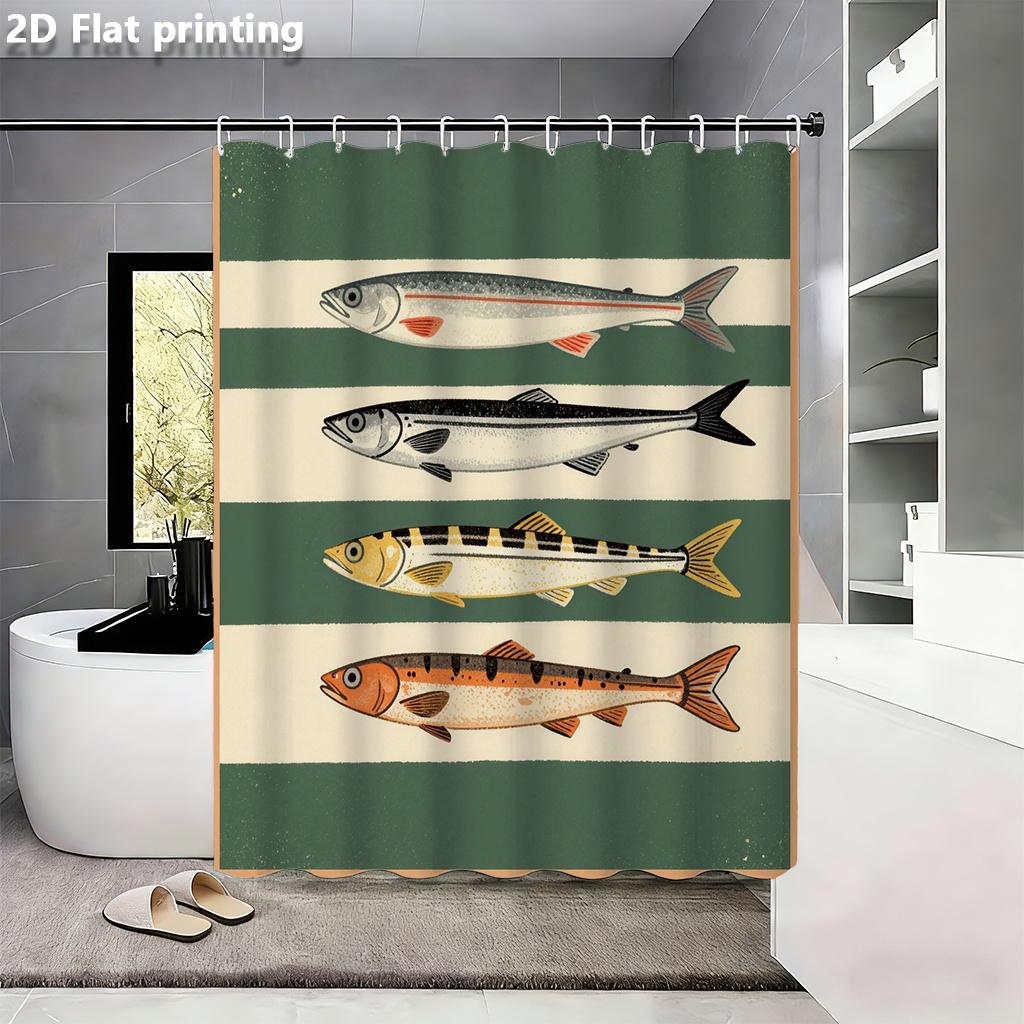 Vintage Fish Illustration Shower Curtain Nautical Stripes Scientific Diagram Marine Life Bathroom Decor Waterproof Retro Bath