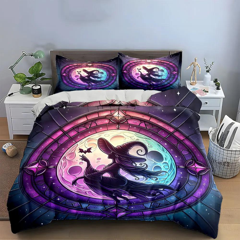 "Stained Glass Witch Decor Set" Multiple sizes kid's and adults' bedroom Exquisite 3PC bedding set, gift
