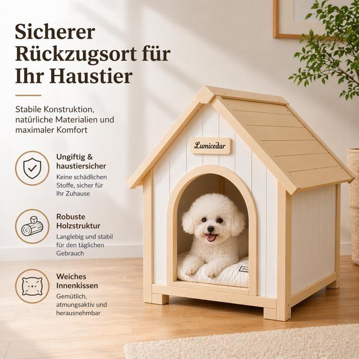 FSC Solid Wooden Indoor Dog & Cat House Niche, Scandinavian Design with Washable Cushion, 60x55x70cm