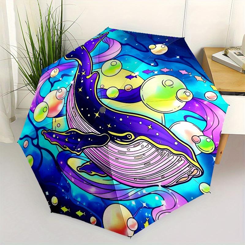 Whale, Fantasy Automatic folding umbrella simple eight rib design, bright color pattern, durable iron frame, ideal for travel and outdoor,