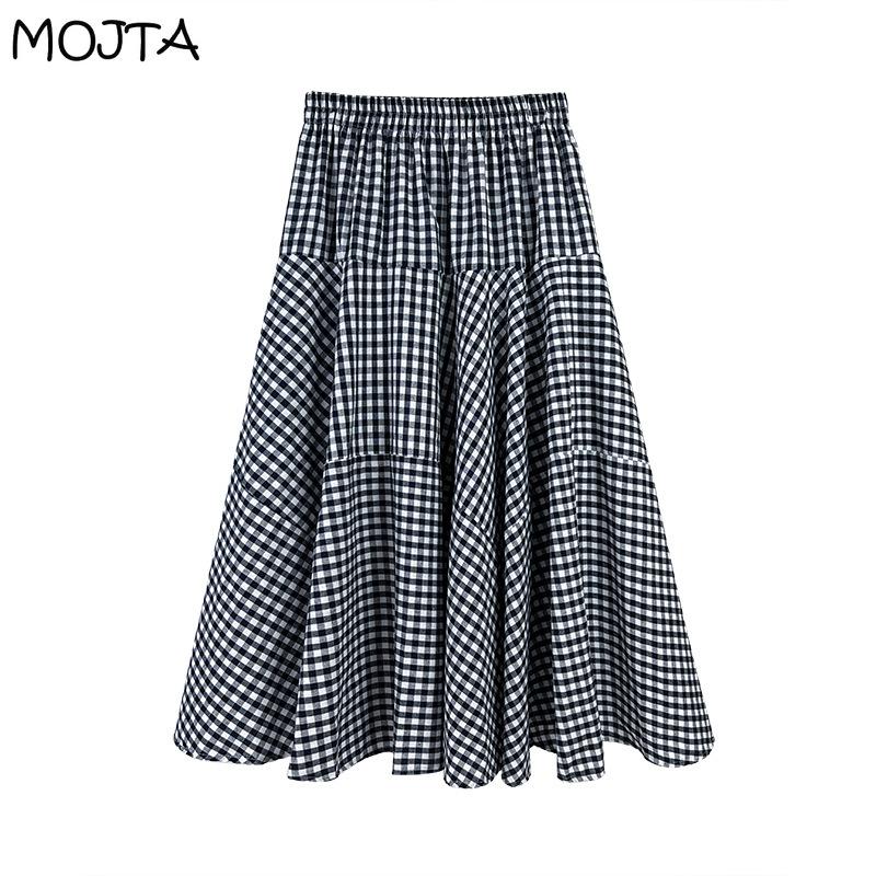Plus Size Spring Summer Women's High Waist Casual Cotton Vintage Plaid Skirt Mid-length A-line Hip Skirt