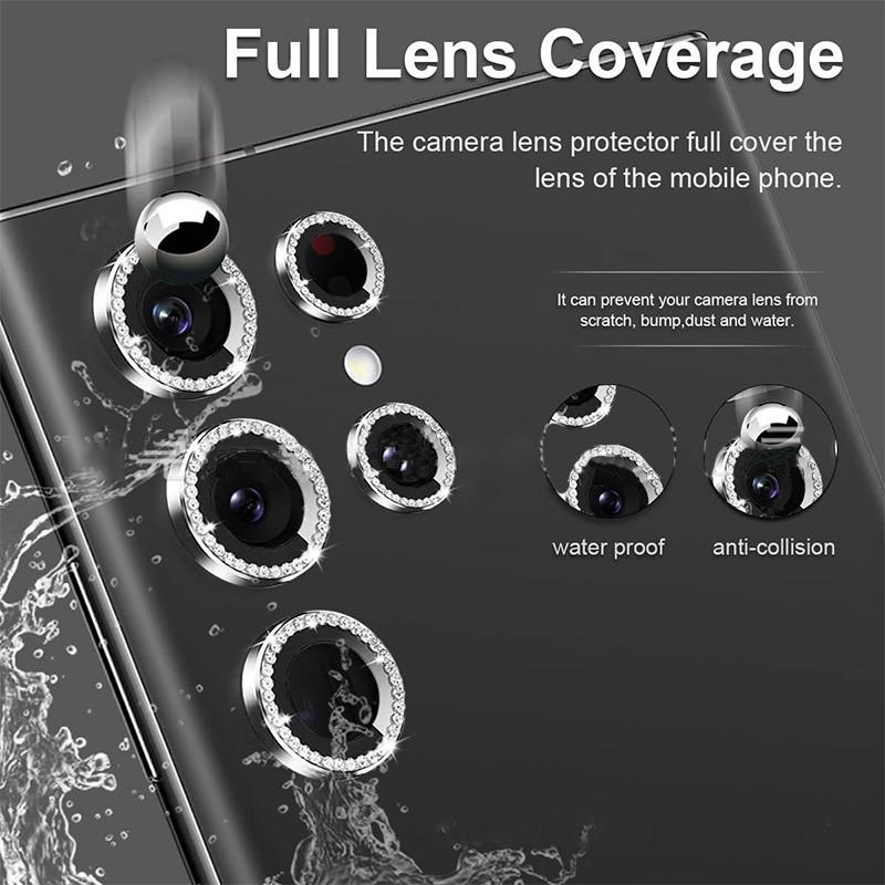 1 Set For Samsung Galaxy S24 S23 Ultra S24 S23 Plus Bling Glitter Diamond Metal Camera Lens Protector Ring with Tempered Glass