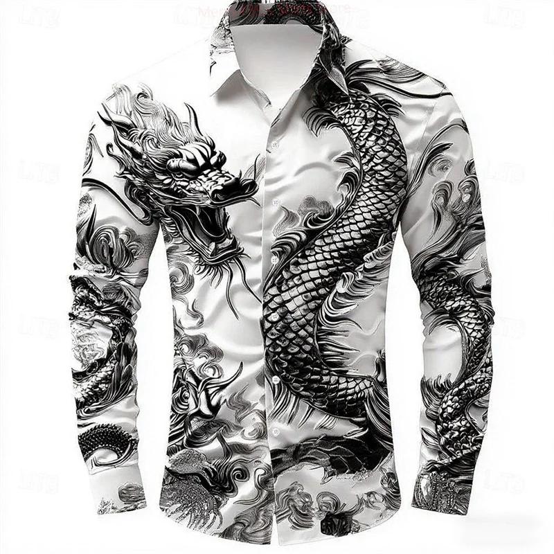 Trendy Dragon Print Long Sleeve Button-Up Shirt, Stylish Fashion Top for Casual Wear