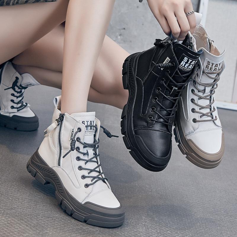 100% Genuine Leather Shoes Women High Top Sneakers Fashion Women Shoes Cool Street Young Ladies Footwear