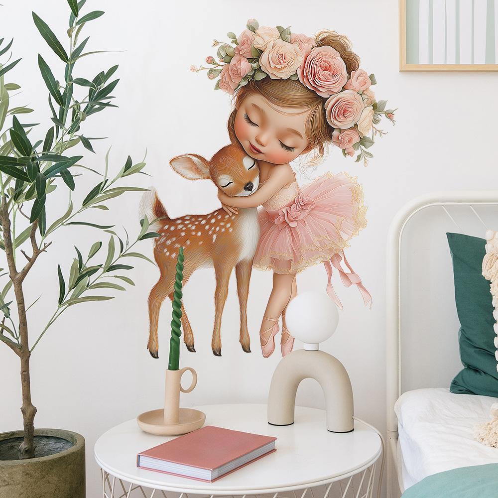 A Cartoon Ballet Girl Hugging A Little Deer Flower Bedroom Home Beautification Sticker