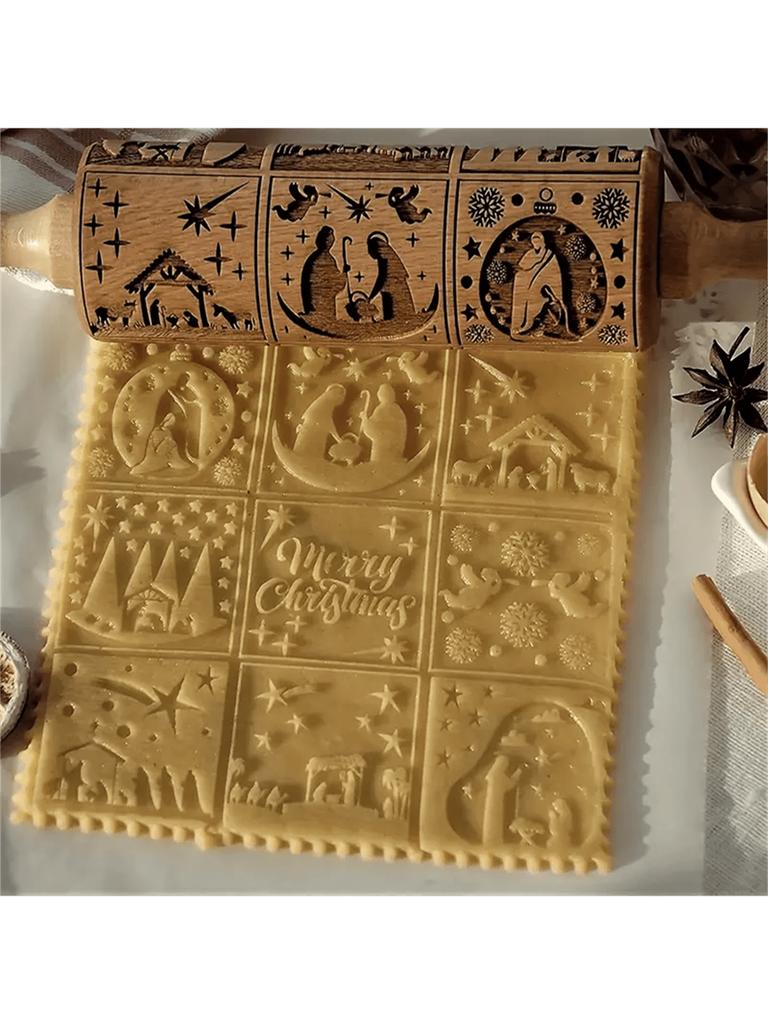 Рождественская скалка из натурального дерева с лазерной гравировкой «Снежинка и лоза» - Инструмент для выпечки праздничного печенья, на День благодарения, Рождество.