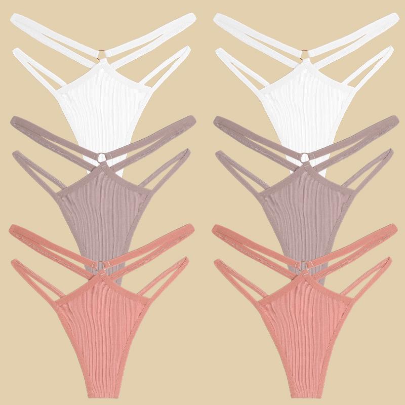 FINETOO 6Pcs Cotton Double Belts Underwear Women Sexy Metal Ring Thongs Low Waist Erotic Lingerie Breathable Comfort Intimates