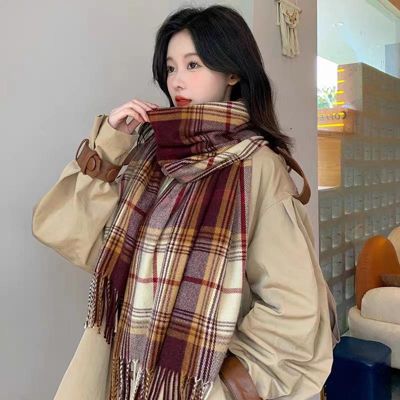 Double-sided Plaid Net Red New Cashmere Scarf Women's Autumn and Winter All-match Korean Version of The Big Shawl with A Bib To Keep Warm and Thicken