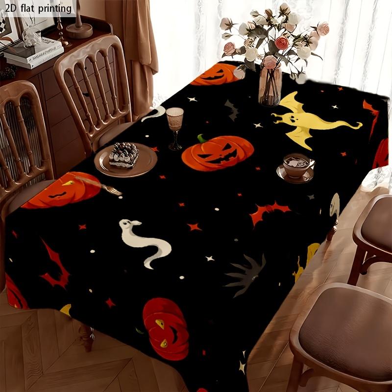 Halloween Rectangle Table Cloth Black Base Pumpkin Ghost Bat Table Cover Reusable Tablecloth for Kitchen Dining Table Decor