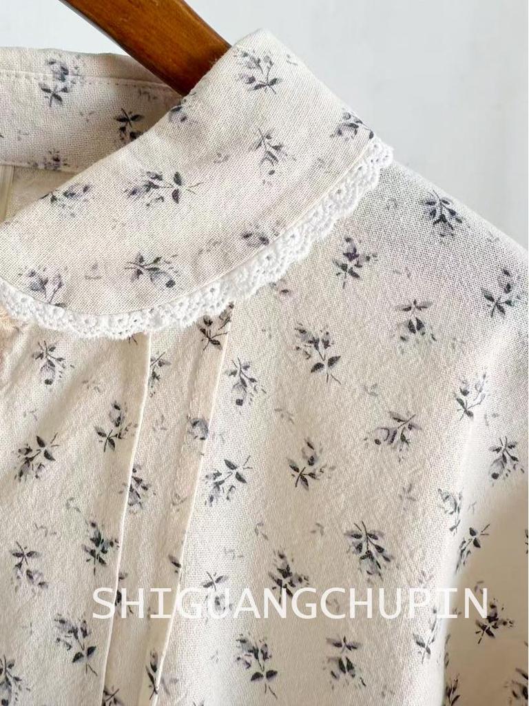 Sweet Japanese-Style Floral Lace Doll Collar Pleated Long-Sleeve Women's Shirt for Spring