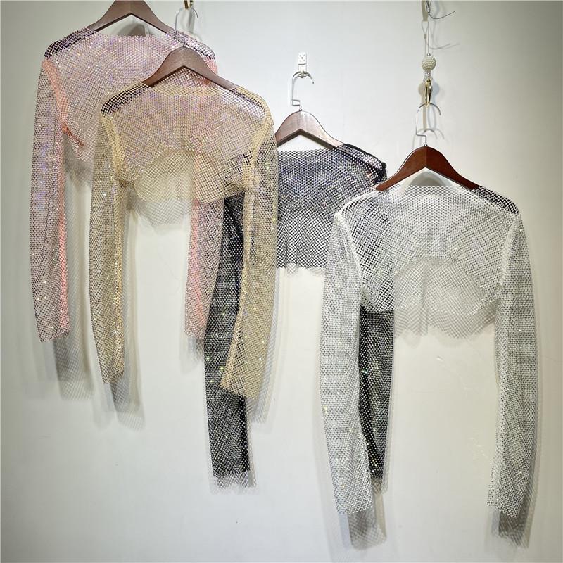 Блестящие футболки с кристаллами, женские сексуальные прозрачные топы с круглым вырезом, ночная праздничная одежда, укороченные рубашки, футболки, топы Y2K 2023