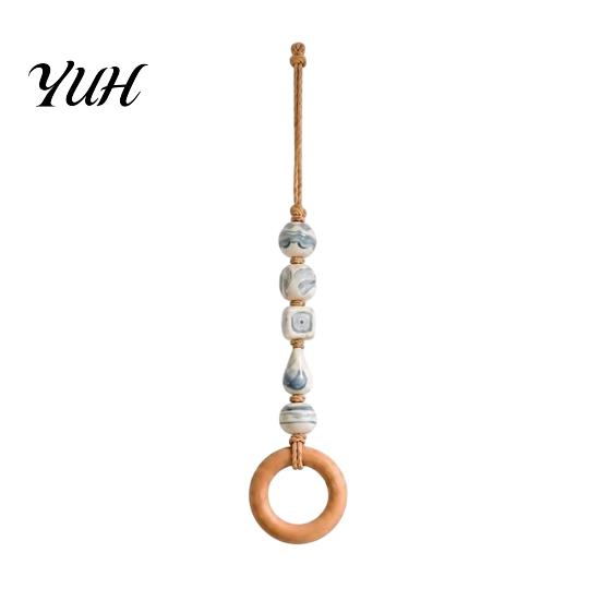 Functional Laundry Room Towel Loop Beaded Hanger with Wooden Ring, Farmhouse Rustic Hand Holder, Versatile Rack for Entryway Decorative Wall