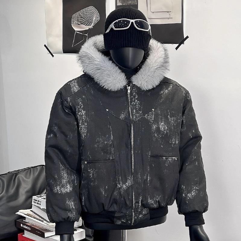 Мужская толстовка с капюшоном и принтом тай-дай 2025 года с меховым воротником - Модная, плотная и теплая хлопковая верхняя одежда