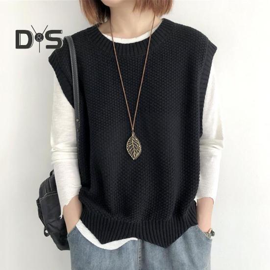 Women Knitted Vest Autumn Winter O Neck Solid Color Wavy Hem Warm Soft Loose Casual Female Ladies Waistcoat Sleeveless Top Knitwear