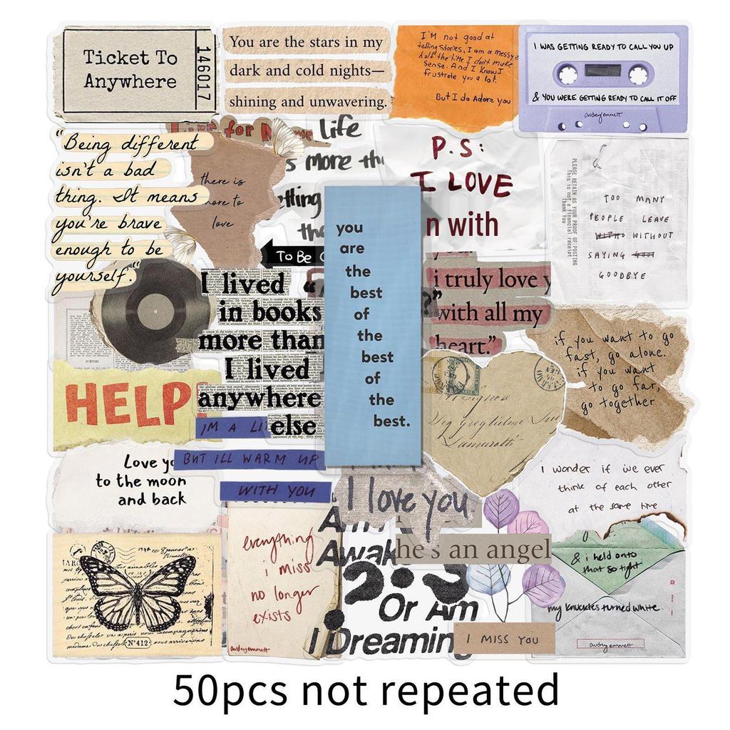Transparent Retro English Text Stickers - 50 Sheets, Waterproof & Creative for Journals or Cups