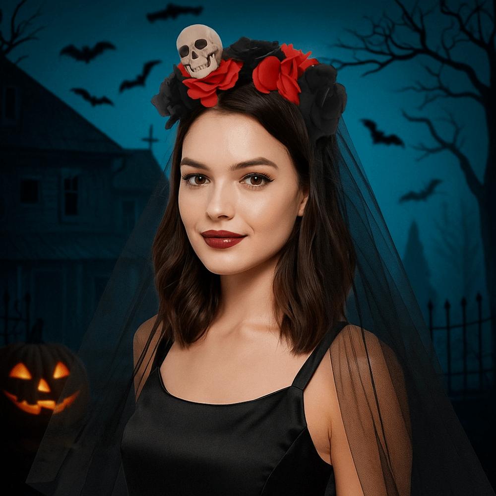 Black Halloween Headband Gothic Cosplay Headdress Funny Rose Skull Hair Band Girl