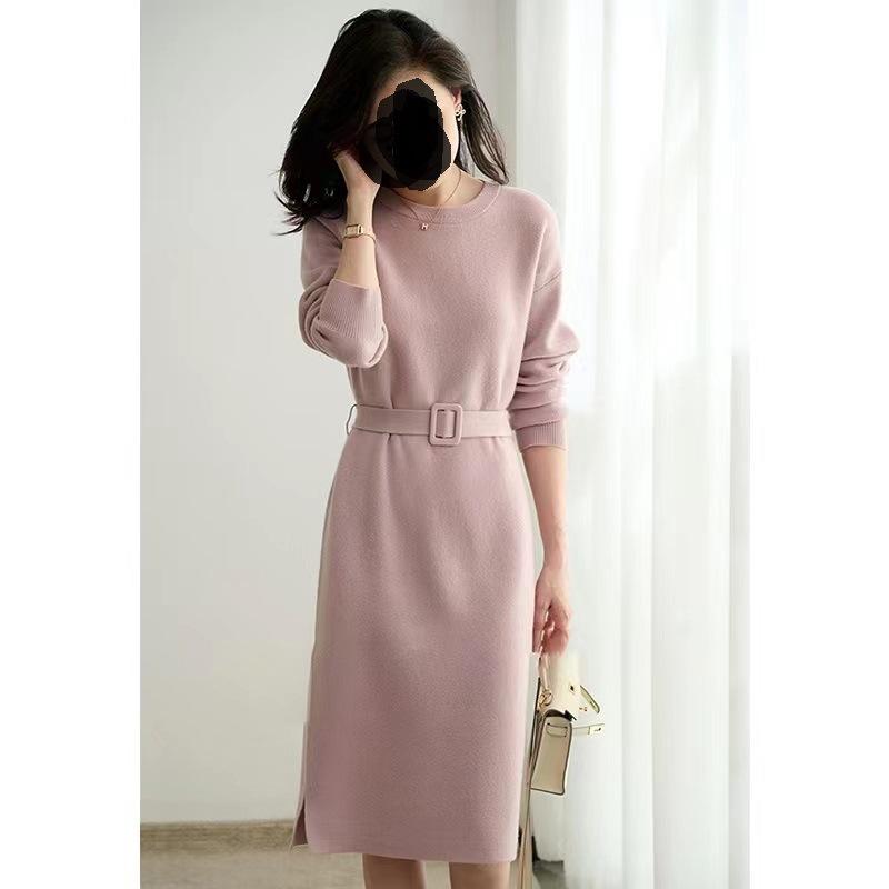 Французское вязаное платье для женщин однотонное повседневное платье-свитер женский осенне-зимний свитер средней длины