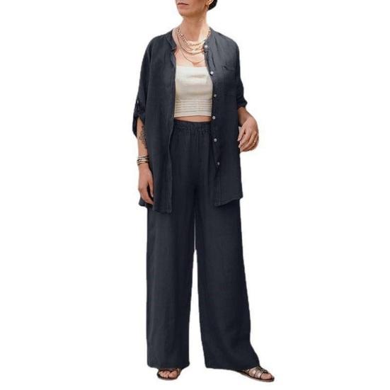 Women's Cotton Linen Two Piece Set Half Sleeve Button Down Shirt Wide Leg Pants Set Casual Tracksuit for Spring Summer Autumn