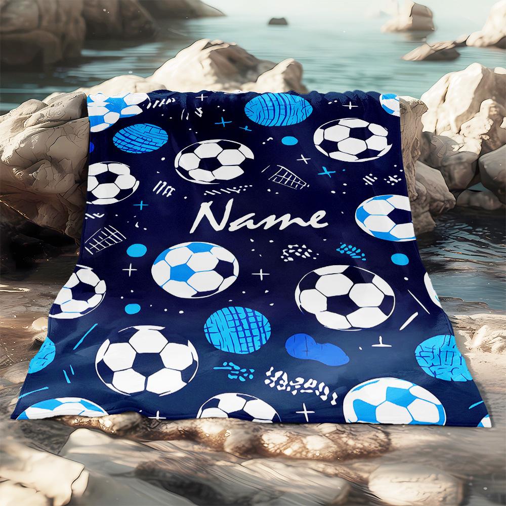 Custom Soccer Ball Fleece Blanket Personalized Name Blue White Sports Throw Soft Warm All Season Bedding Gift for Kids