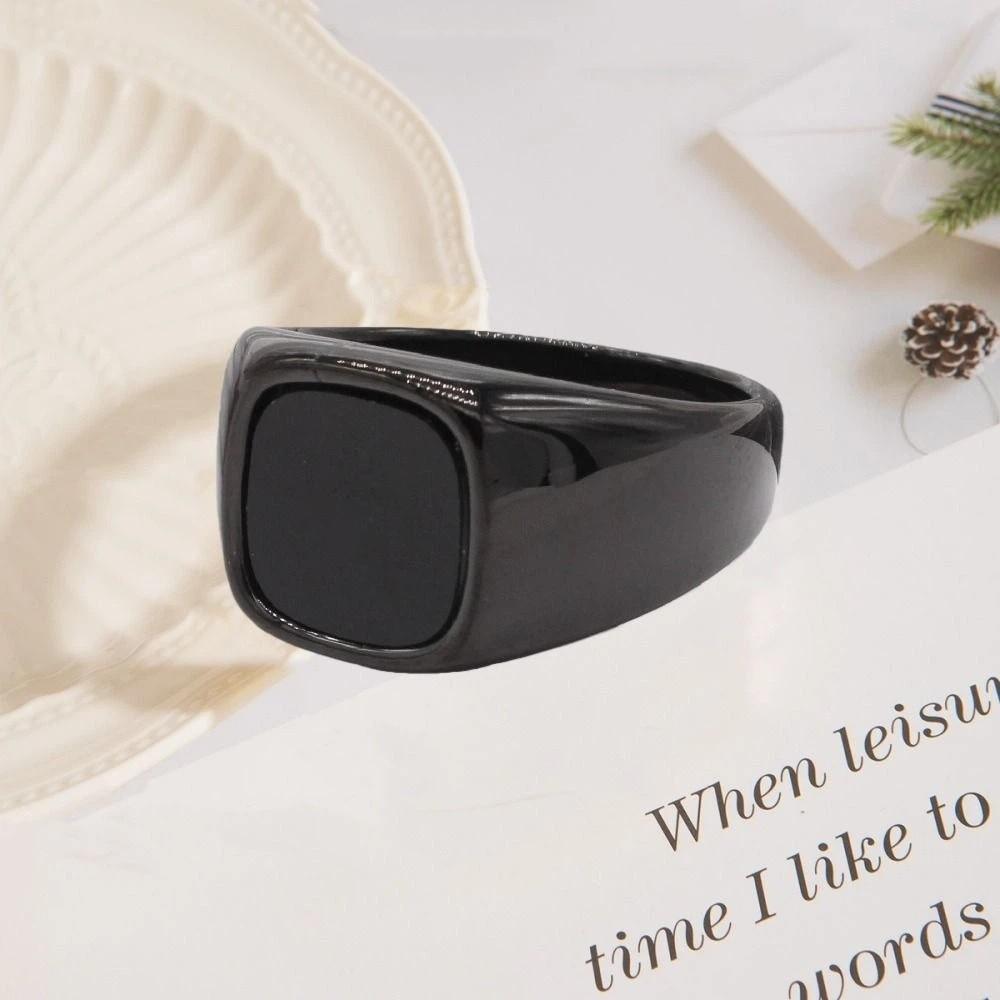 Square Retro Black Rings Jewelry Glass Stone Rings Simple Black Stone Square Ring Funerals