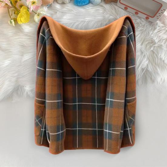 Women's Plaid Shacket Jacket Casual Wool Blend Long Sleeve Zip Up Hooded Jacket Fall Winter Warm Coat
