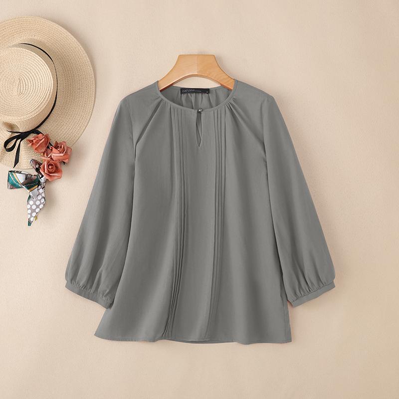 ZANZEA Женская повседневная блузка из хлопка с круглым вырезом и рукавом 3/4